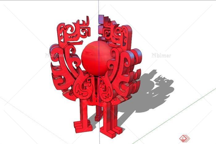 现代中式红色鼎雕塑设计SU模型[原创]