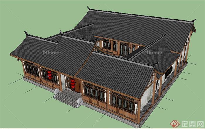 高档餐馆四合院建筑设计SketchUp(SU)3D模型[原创