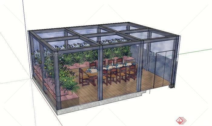 玻璃廊架阳台设计su模型（可用作阳台餐厅）