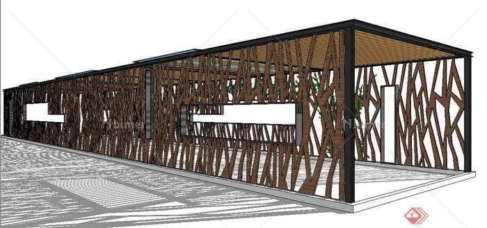 现代中式木质长廊架设计su模型