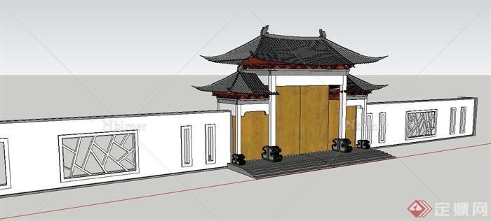 古典中式风格大门与围墙设计SU模型