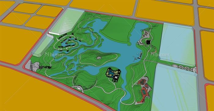 某现代中式风格河道公园景观规划设计SU模型[原创