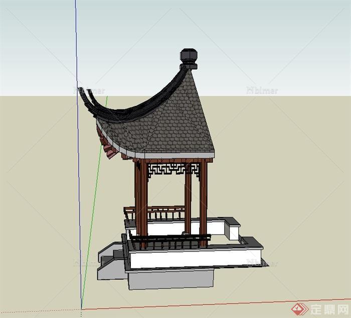 古典中式半边瓦房顶亭子设计su模型