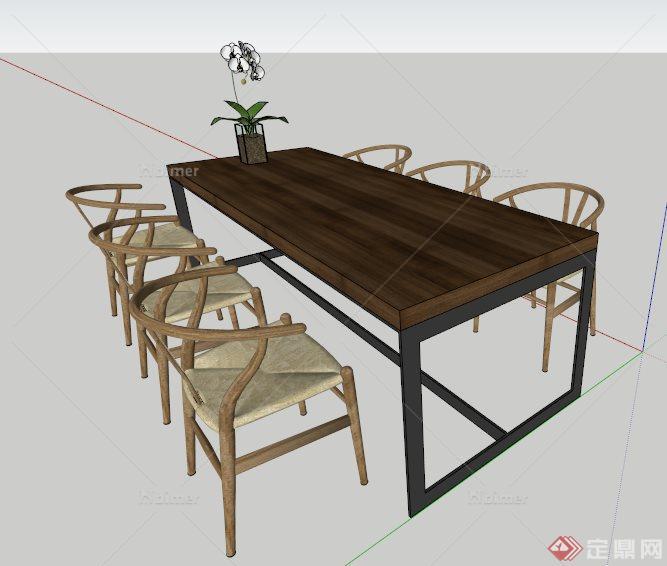 中式风格六人座矩形餐桌椅su模型