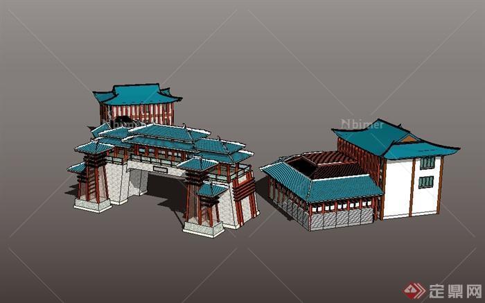 中国古典中式风格城门及商业建筑设计su模型[原创