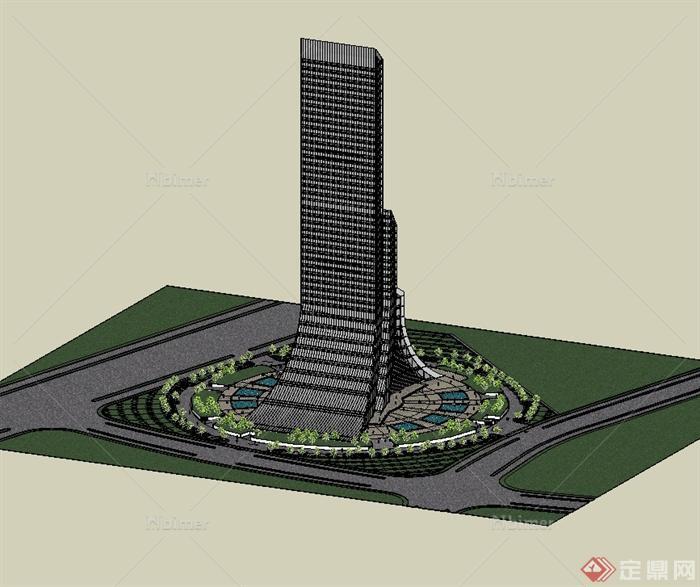现代风格一个超高层办公大厦建筑楼设计su模型[原