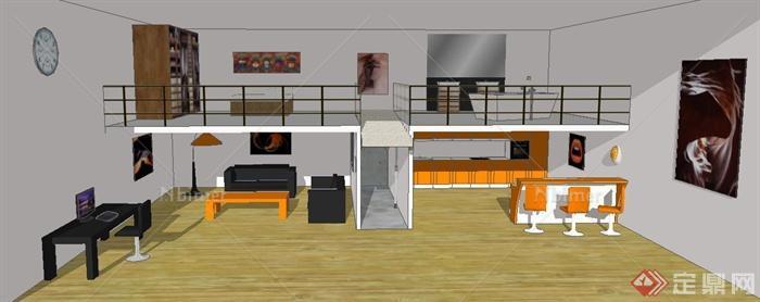 现代风格二层住宅空间室内设计SU模型