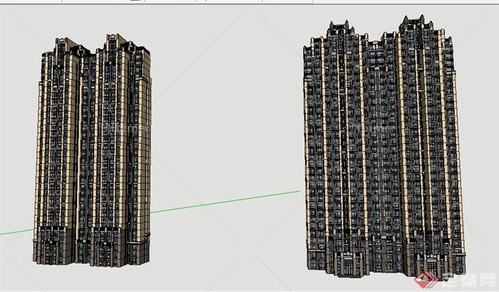 两栋新古典高层住宅楼建筑设计su模型[原创]