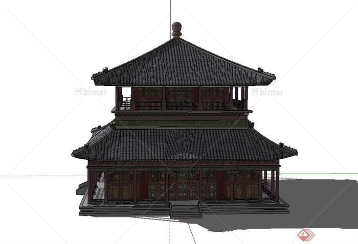 古典中式某两层茶楼建筑设计SU模型
