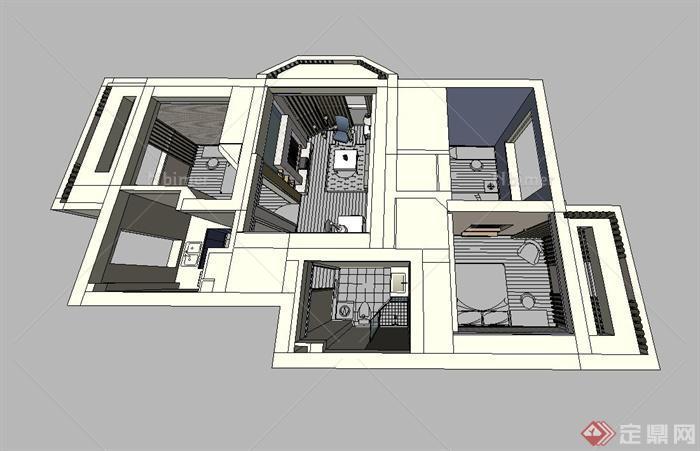 某现代风格三室两厅住宅室内设计su模型