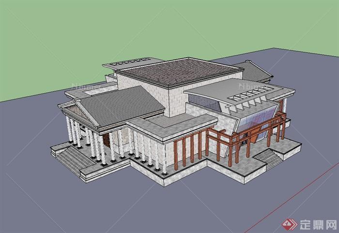 现代中式风格独特详细博物馆建筑设计su模型[原创
