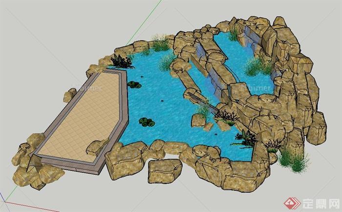 园林景观节点水景与景石组合设计SU模型