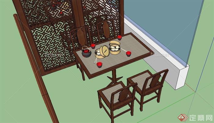 古典中式餐厅餐桌椅、屏风设计SU模型