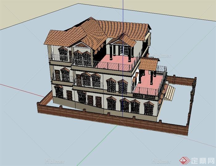 某欧式风格详细精致多层别墅建筑楼设计su模型[原