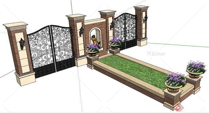 英式风格铁艺大门及花钵su模型