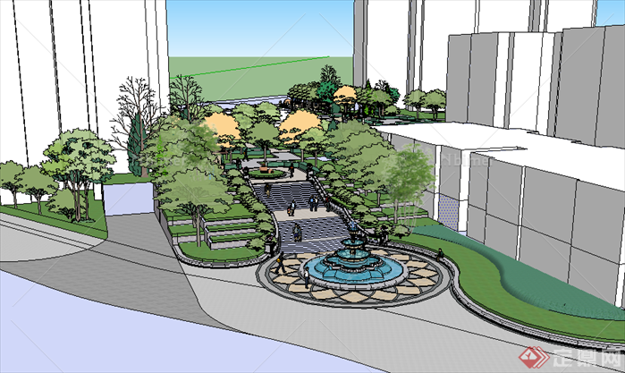 某现代风格居住小区入口景观设计喷泉水景SU模型