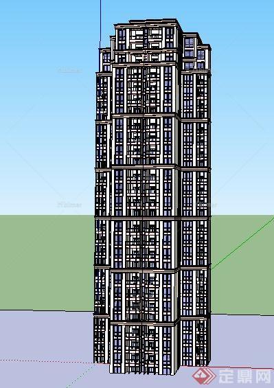 现代高层独栋住宅公寓建筑su模型[原创]