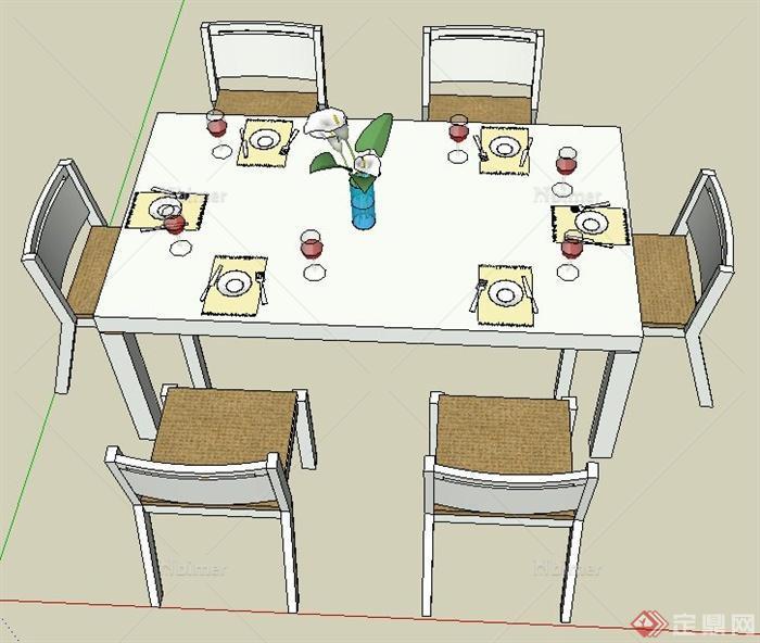 现代简约风格六人座餐桌椅su模型