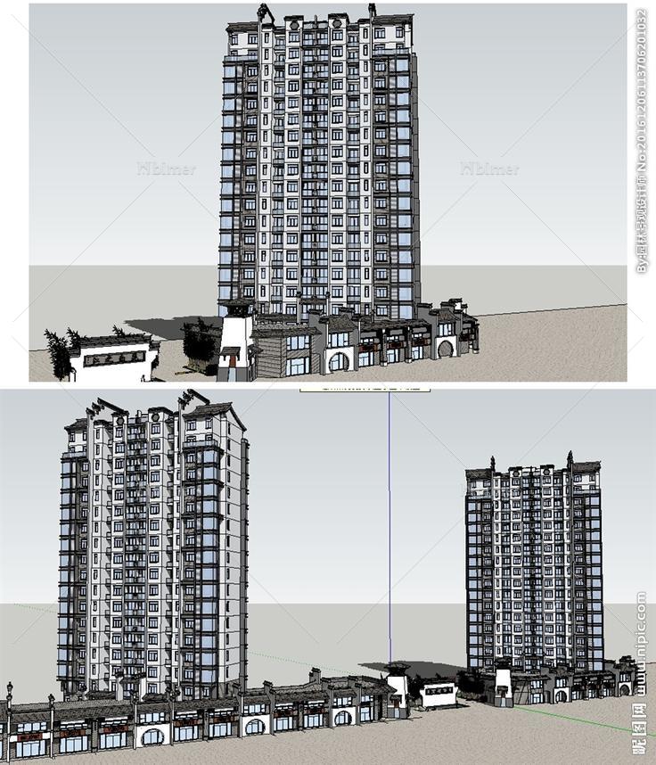 中式的高层住宅建筑草图大师SU图片