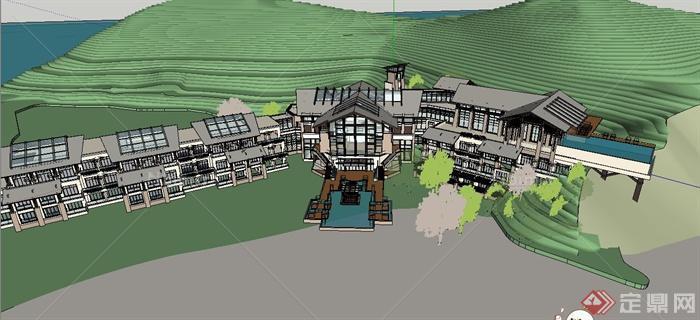 东南亚风格凯宾斯基山地酒店建筑设计SketchUp模