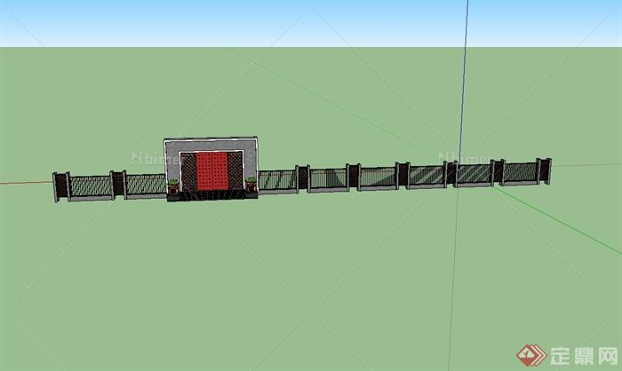某现代中式风格入口大门围墙设计SU模型[原创]