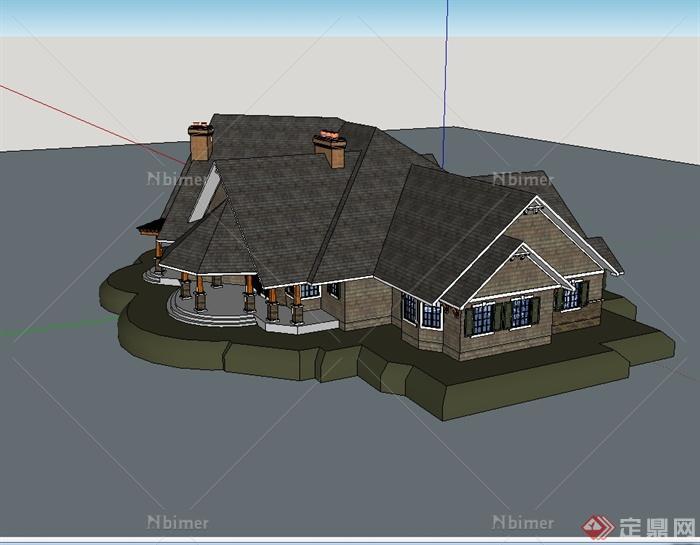 某美式风格独栋大型别墅建筑楼设计su模型[原创]
