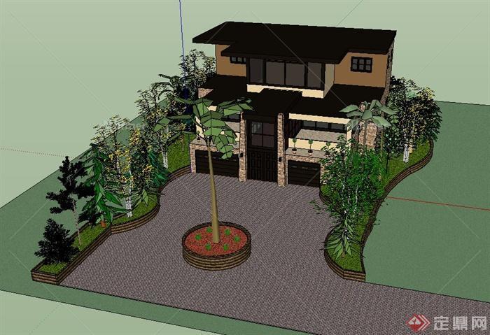 某日式别墅建筑设计SU模型（带景观）