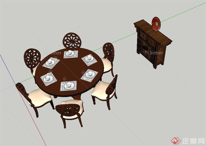 某木质中式六人餐桌椅设计SU模型
