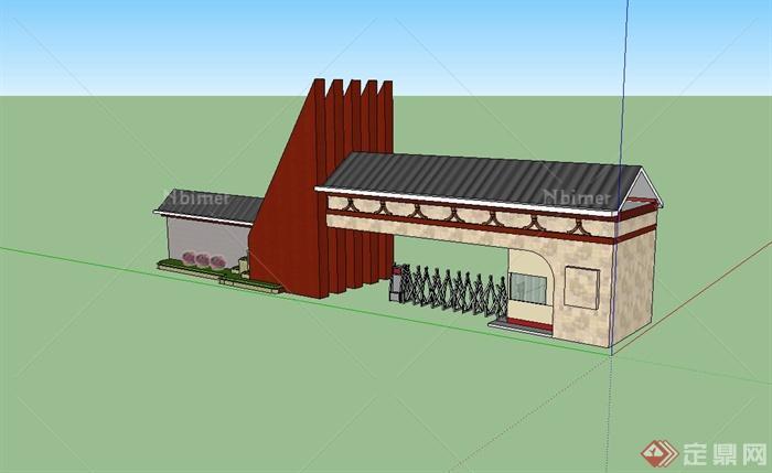 新中式风格学校的大门入口设计su模型