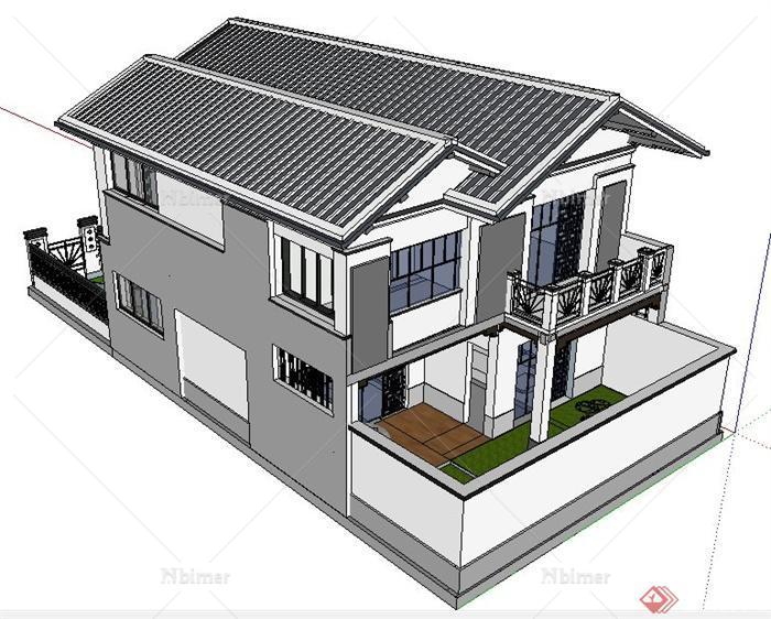 现代中式风格双层别墅建筑设计su模型