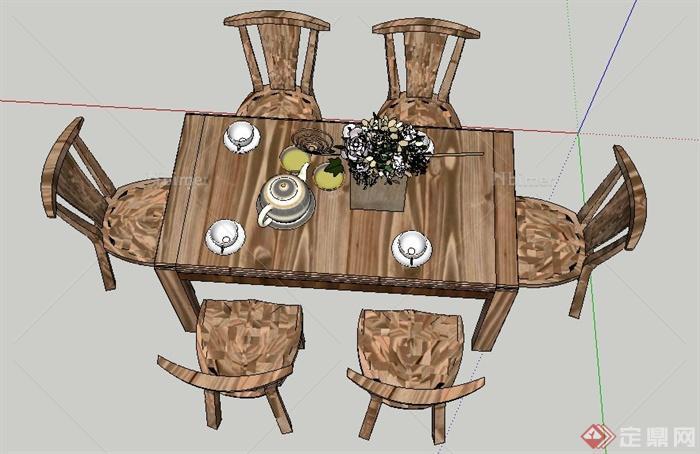 室内木质六人桌椅设计SU模型