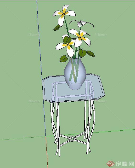 现代简易玻璃花架与花瓶插花设计SU模型