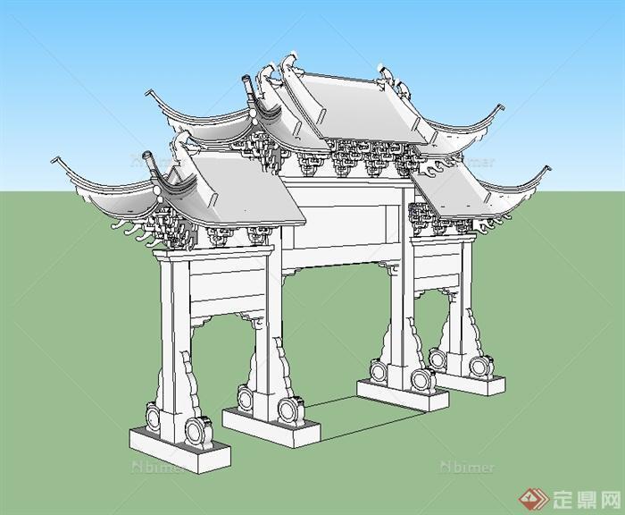 中国古典牌坊大门设计su模型[原创]