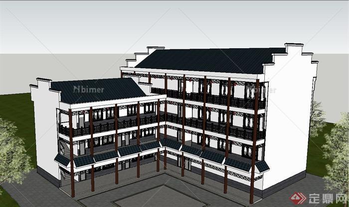 古典中式徽派四层办公楼建筑设计SU模型