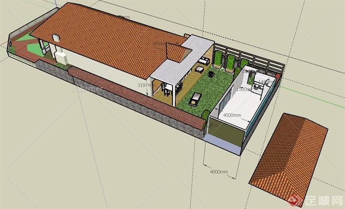 某单层住宅建筑设计SU模型（带景观）