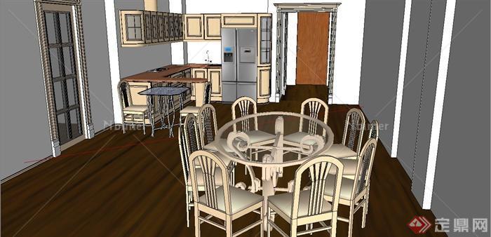 某简约欧式风格厨房餐厅室内装饰设计SU模型[原创