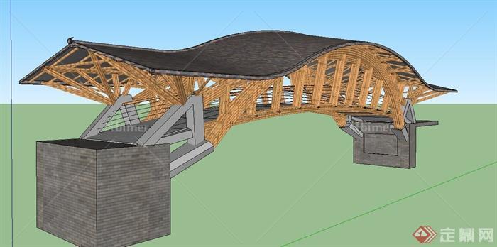 园林景观节点木质廊桥设计SU模型