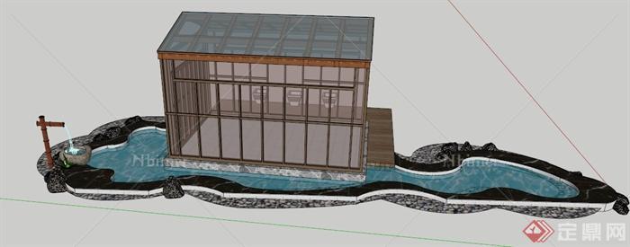 现代花房阳光房及景观水池su模型