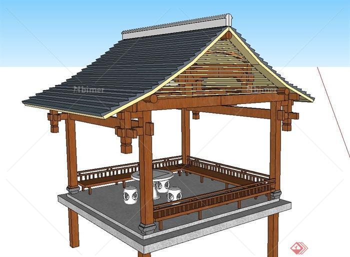 木质四角观水亭设计SU模型