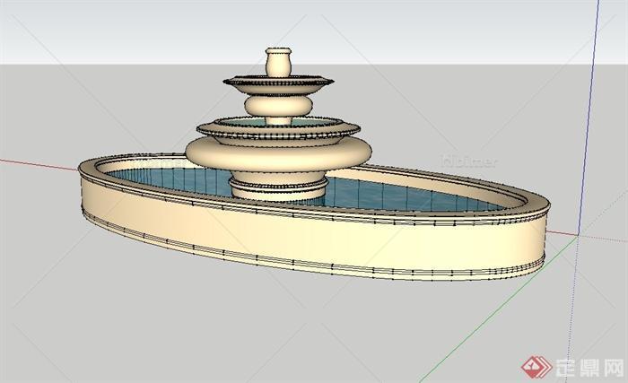 圆形水钵、椭圆卵石水池设计su模型