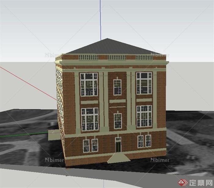 某三层黄色小学教学楼建筑设计SU模型