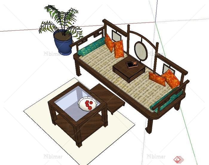 古典中式风格木质沙发茶几设计SU模型