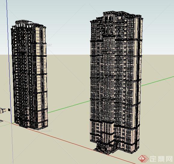 两栋新古典风格高层公寓住宅楼建筑设计su模型[原