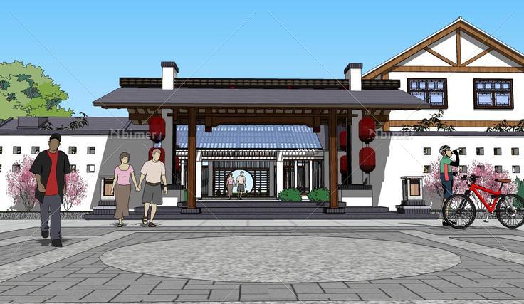 中式黑白灰徽派滨水驿站建筑sketchup模型(15701
