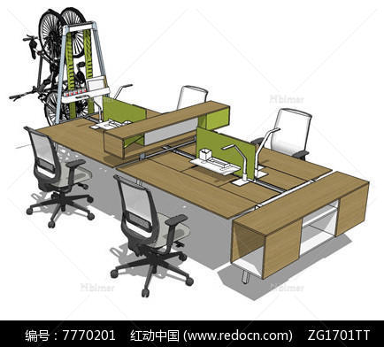 四人面对面办公书桌SU模型