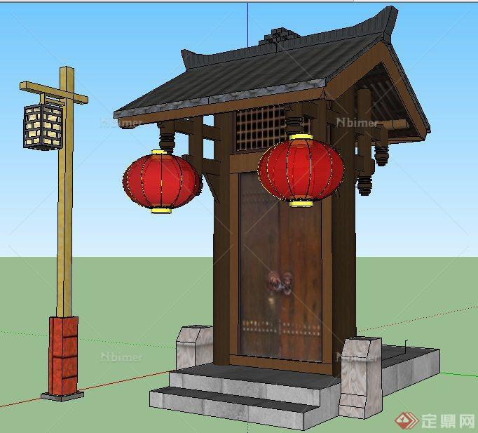 现代中式风格垂花门及庭院灯su模型