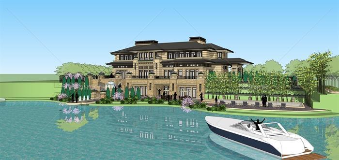 新古典风格滨水别墅建筑设计su模型