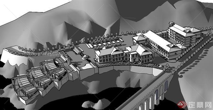 某现代中式临河城镇景观规划设计SU模型