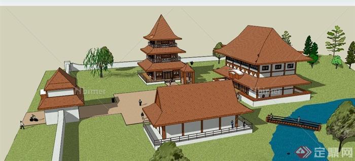 中式风格寺庙文化建筑设计su模型[原创]