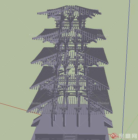 古典中式五层塔楼建筑设计SU模型